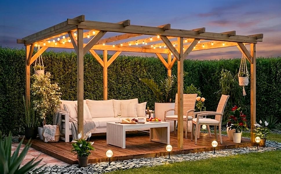 Wood pergola with outdoor seating